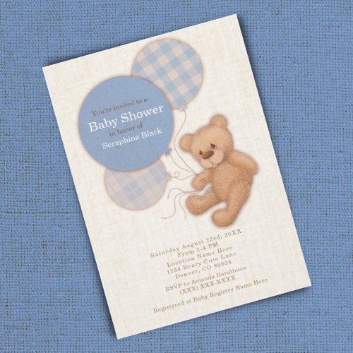 Boys Blue Plaid Teddy Bear Baby Shower Invitation