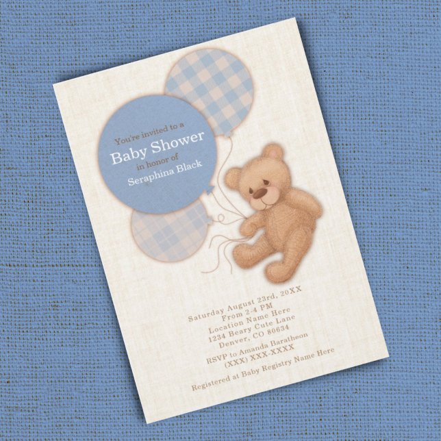 Boys Blue Plaid Teddy Bear Baby Shower Invitation (Creator Uploaded)