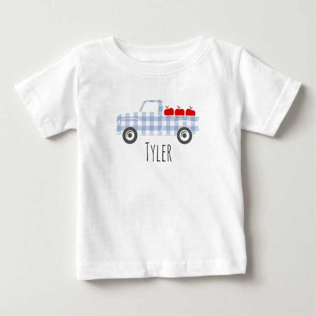 Boys Blue Plaid Truck with Apples Personalized  Baby T-Shirt (Front)