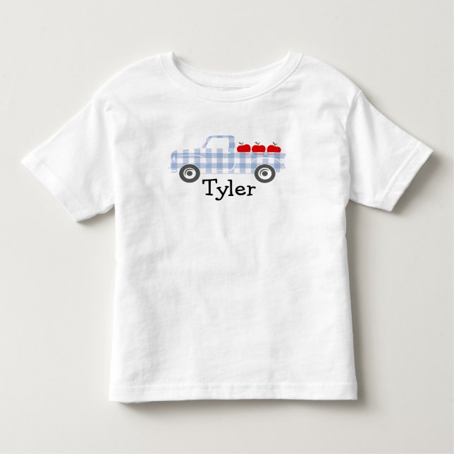 Boys Blue Plaid Truck with Apples Personalized T-S Toddler T-shirt (Front)
