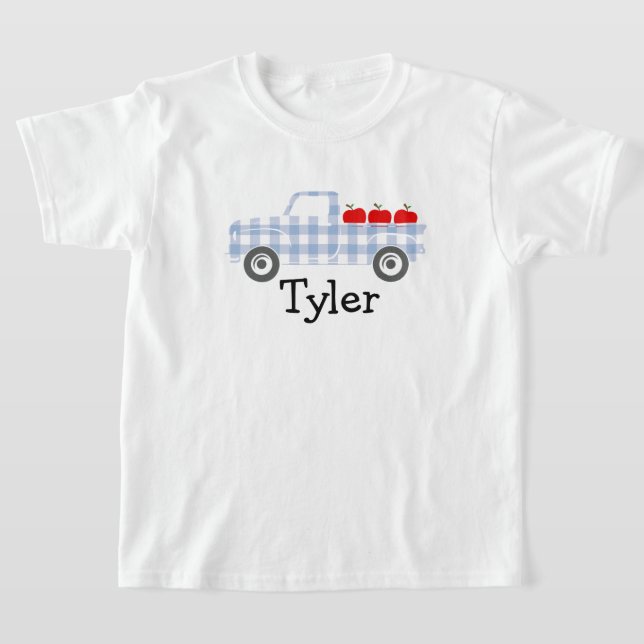 Boys Blue Plaid Truck with Apples Personalized T-Shirt (Laydown)