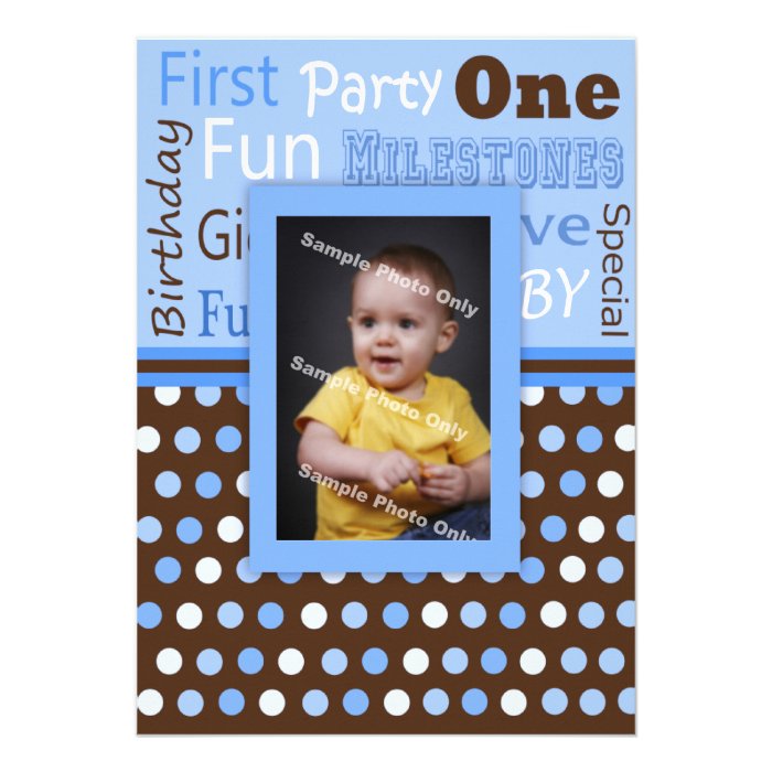 Boy's Blue Polka Dots Baby's First Birthday Photo Custom Invitation