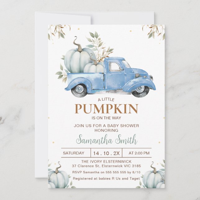Boys Blue Pumpkin Truck Foliage Baby Shower Invitation (Front)