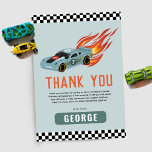 Boys Blue Racing Car Kids Birthday Thank You Card<br><div class="desc">This modern and cool boys birthday thank you card design features a car with hot flames,  with a matching blue racing car,  wheel,  and motorbike pattern on the back. The card can be personalized with a message,  name,  and age. The perfect addition to your hot car party!</div>