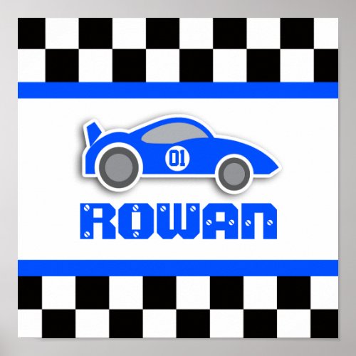 Boys blue racing car personalized poster