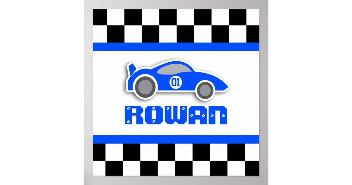 Boys blue racing car personalized poster | Zazzle