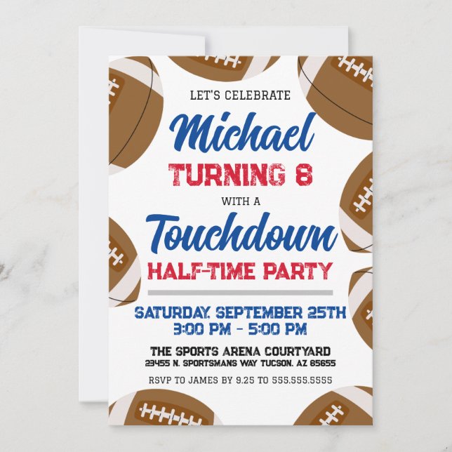 Boys Blue Red Football Halftime Birthday Party Invitation (Front)