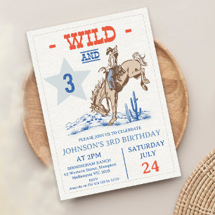 Boys Blue Red Wild and Three Rodeo 3rd Birthday Invitation