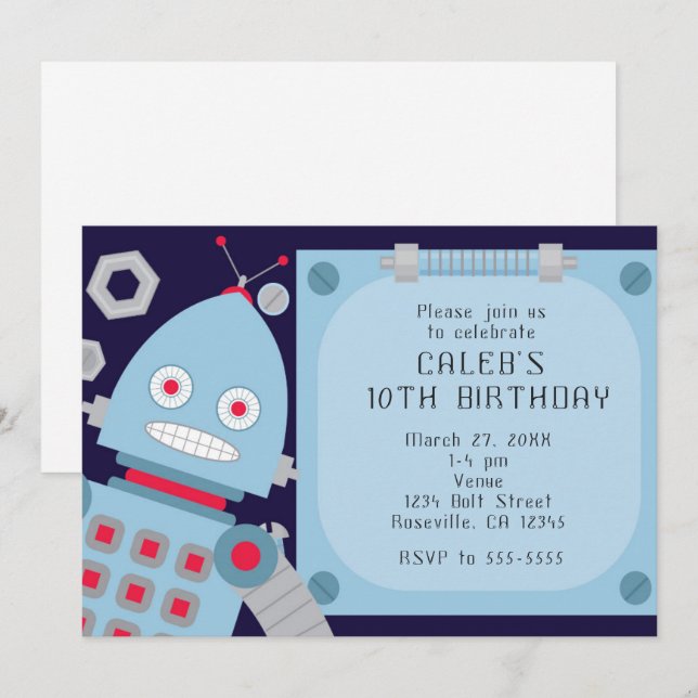 Boys Blue Robot Custom Birthday Party Invitations (Front/Back)