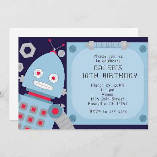 Boys Blue Robot Custom Birthday Party Invitations