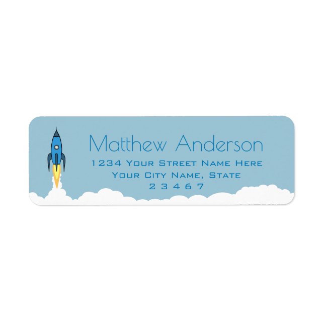 ★ Boys Blue Rocket Ship Outer Space Return Address Label (Front)