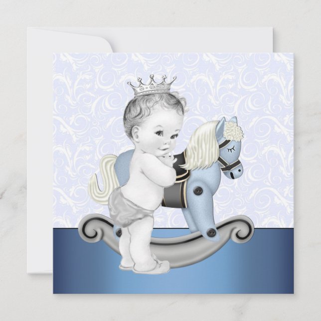 Boys Blue Rocking Horse Baby Shower Invitation (Front)