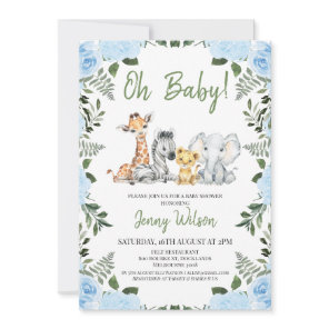 Boys Blue Roses Foliage Safari Baby Shower Invitation