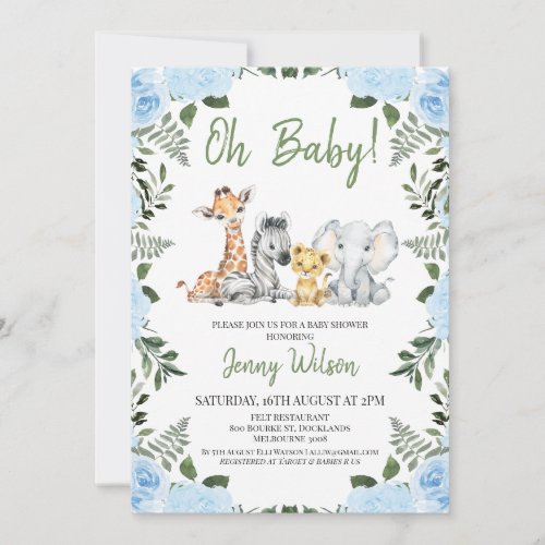 Boys Blue Roses Foliage Safari Baby Shower Invitation