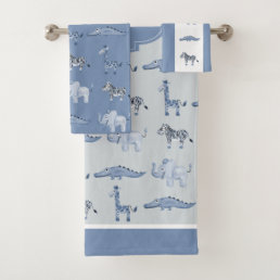 Boy&#39;s Blue Safari Animal Pattern &amp; Name Kids Bath Towel Set