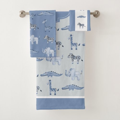 Boys Blue Safari Animal Pattern  Name Kids Bath Towel Set
