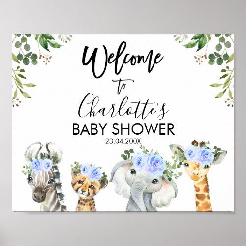 Boys Blue Safari Floral Baby Shower Welcome Poster