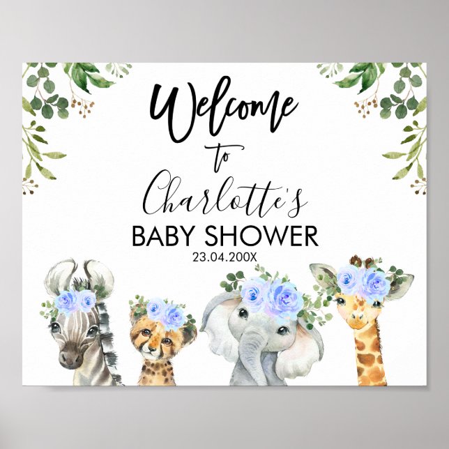 Boys Blue Safari Floral Baby Shower Welcome Poster (Front)