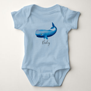 Boy's Blue Sea Watercolor Whale Beach with Name Baby Bodysuit
