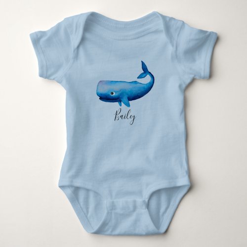 Boys Blue Sea Watercolor Whale Beach with Name Baby Bodysuit