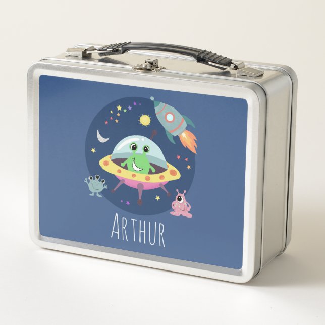 Boys Blue Space Alien Monster Kids Metal Lunch Box (Front)