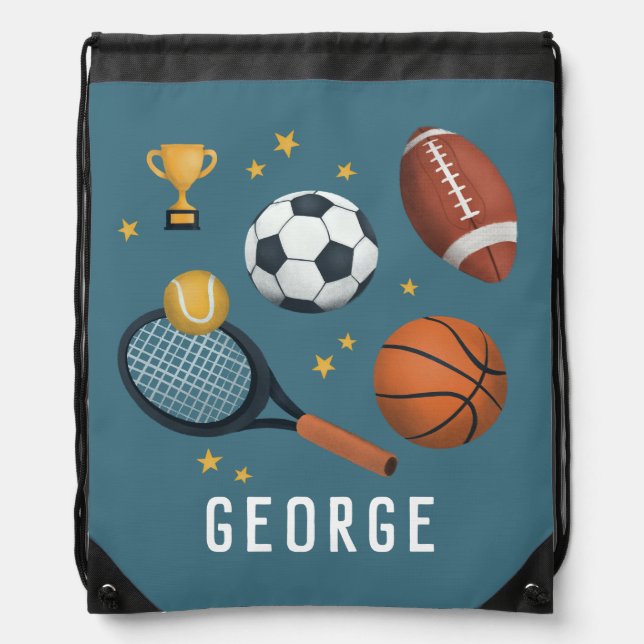 Boys Blue Sports Football Basketball PE Kids Drawstring Bag (Front)