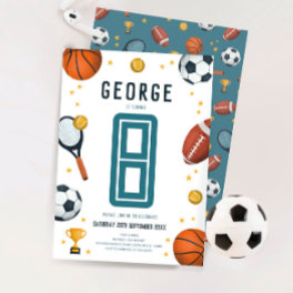 Boys Blue Sports Kids 8th Birthday Invitation