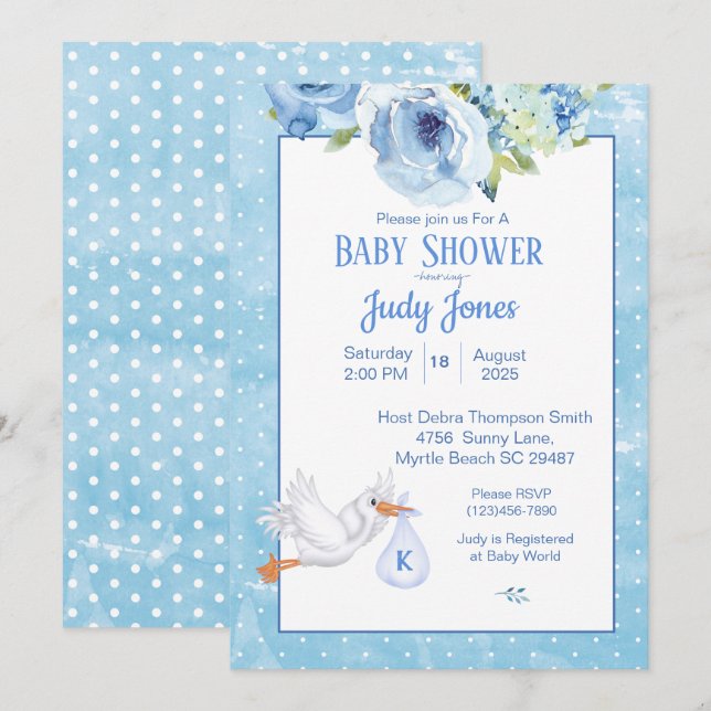 Boys Blue Stork Monogram Floral Baby Shower Invitation (Front/Back)