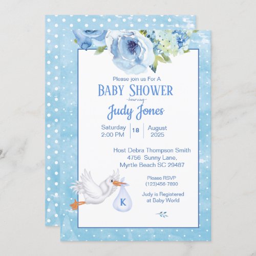 Boys Blue Stork Monogram Floral Baby Shower Invitation