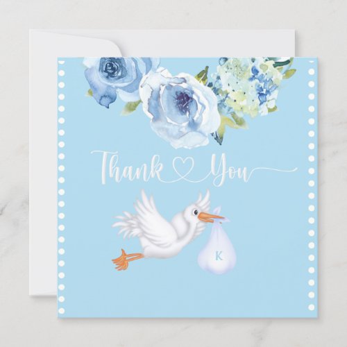 Boys Blue Stork Monogram Floral Baby Shower  Thank You Card