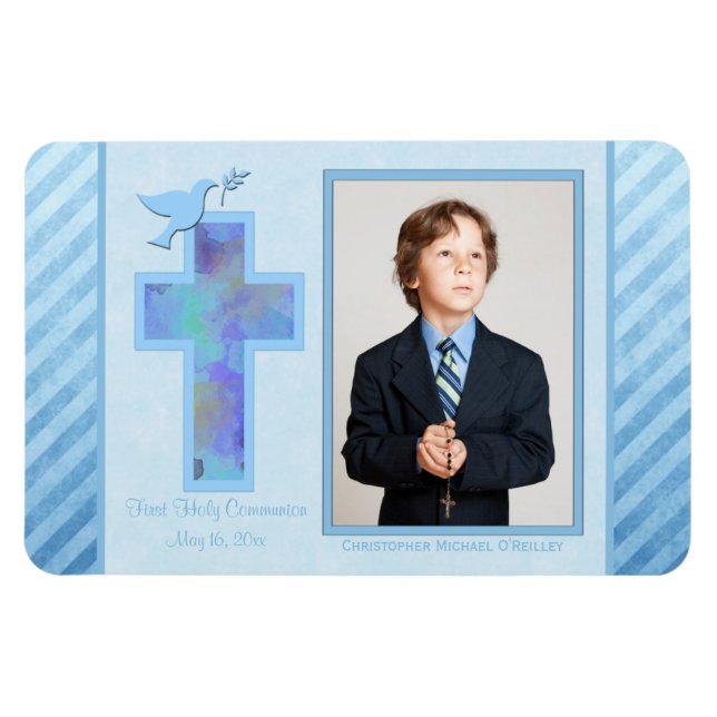 Boys Blue Striped 1st Holy Communion Photo Magnet (Horizontal)