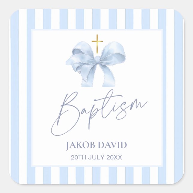 Boy's Blue Striped Baptism Favor Sticker with Bow (Front)