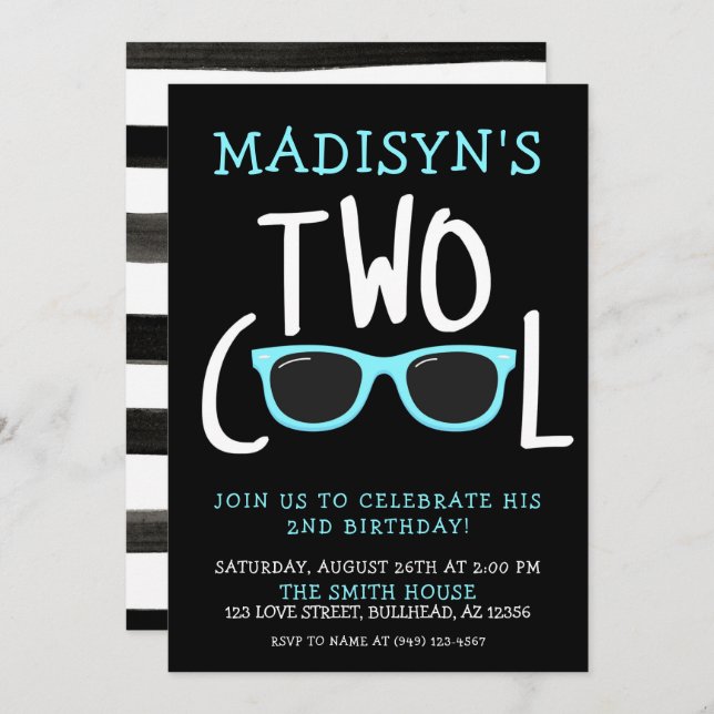 Boy's Blue Sunglasses Two Cool 2nd Birthday Invitation (Front/Back)