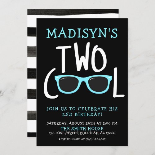 Boys Blue Sunglasses Two Cool 2nd Birthday Invitation