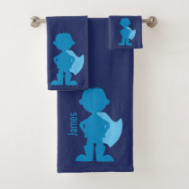 Boys Blue Superhero Silhouette Personalized Kids Bath Towel Set