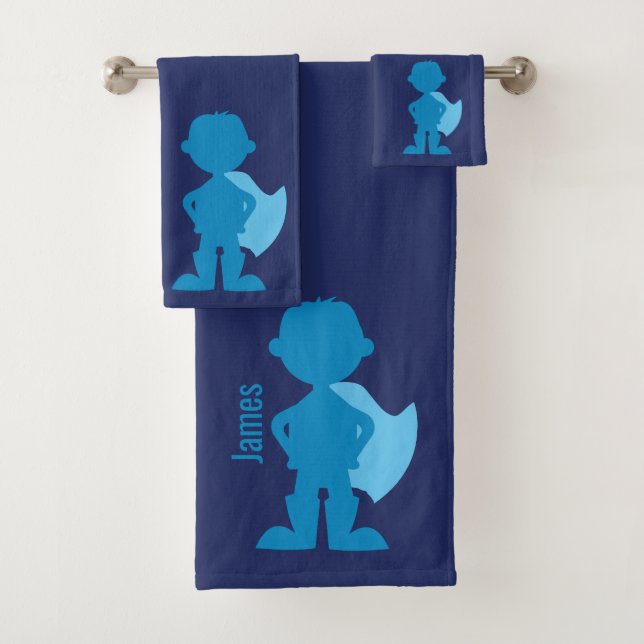 Boys Blue Superhero Silhouette Personalized Kids Bath Towel Set (Insitu)