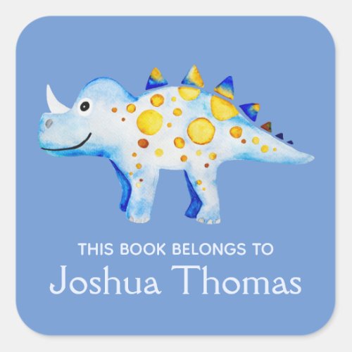 Boys Blue This Book Belongs Dinosaur and Name Kids Square Sticker