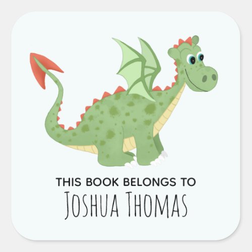 Boys Blue This Book Belongs Dragon and Name Kids Square Sticker