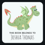 Boys Blue 'This Book Belongs' Dragon and Name Kids Square Sticker<br><div class="desc">This cute boy's 'this book belongs' bookplate design features a green dragon cartoon,  and has place for you to add your kids name in lovely typography. Perfect for your child's back to school supplies. Check out the rest of our collection for other cute magical kids items.</div>