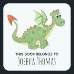 Boys Blue 'This Book Belongs' Dragon and Name Kids Square Sticker<br><div class="desc">This cute boy's 'this book belongs' bookplate design features a green dragon cartoon,  and has place for you to add your kids name in lovely typography. Perfect for your child's back to school supplies. Check out the rest of our collection for other cute magical kids items.</div>