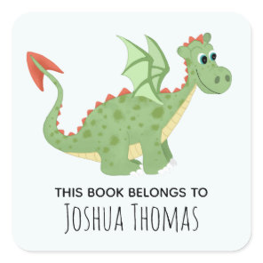 Boys Blue 'This Book Belongs' Dragon and Name Kids Square Sticker