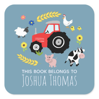 Boys Blue This Book Belongs Farm Tractor Name Kids Square Sticker