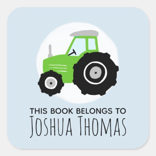 Boys Blue This Book Belongs Green Tractor Kids Square Sticker