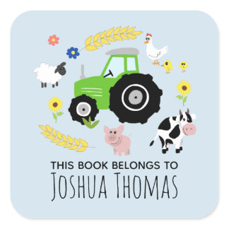 Boys Blue This Book Belongs Green Tractor Kids Square Sticker