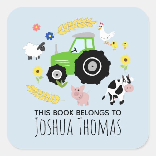 Boys Blue This Book Belongs Green Tractor Kids Square Sticker