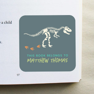 Boys Blue This Book Belongs T-Rex Dinosaur Kids Square Sticker