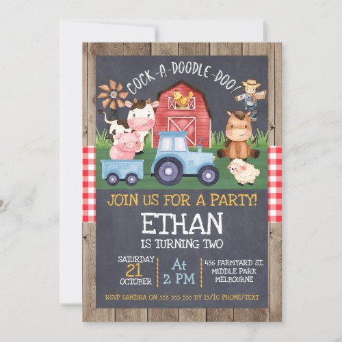 Boys Blue Tractor Chalkboard Farm Birthday Invitation