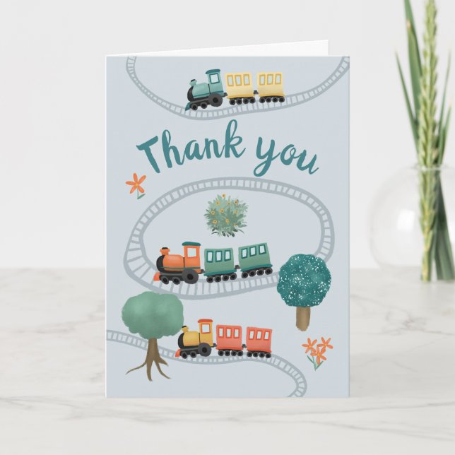 Boys Blue Train Cute Thank You Baby Shower Card (Front)