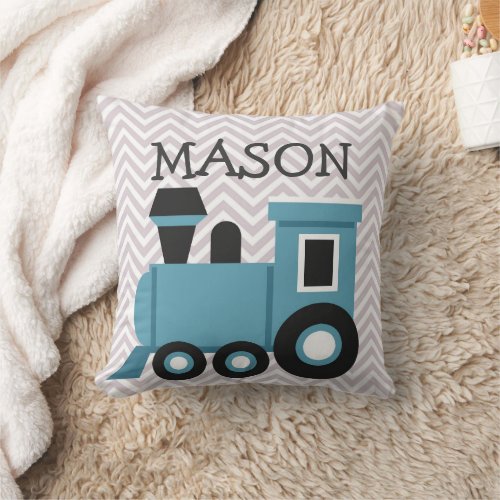 Boys Blue Train Personalized Pillow