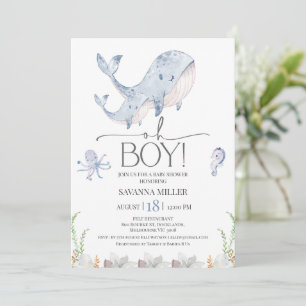 Boys Blue Under Sea Whale Calf Baby Shower Invitation